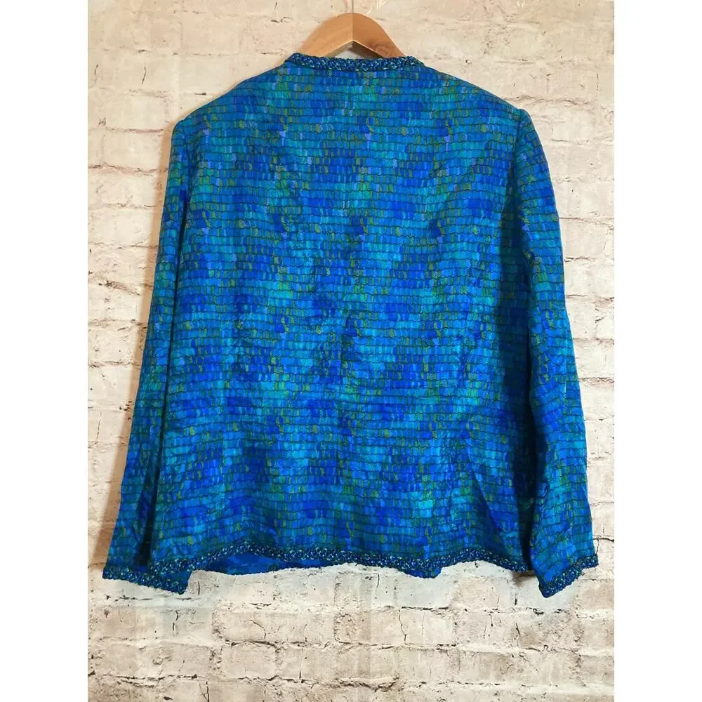 Vintage Encore Silk Jacket Womens 14 Turquoise‎ Watercolor Embroidery Trim